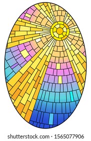 Illustration in stained glass style with abstract celestial landscape, sun with rays against the sky, oval image