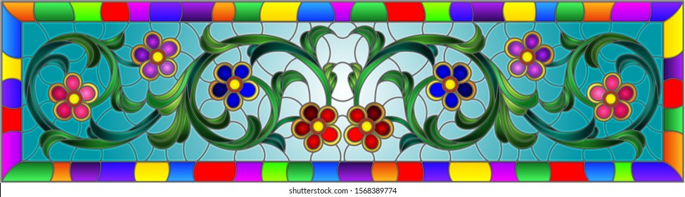 Illustration in stained glass style with abstract  swirls,flowers and leaves  on a blue background in bright frame