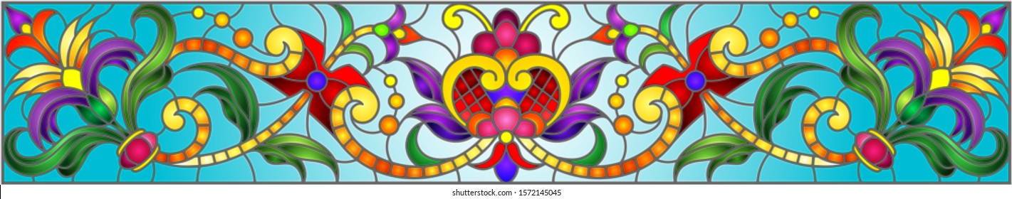 Illustration in stained glass style with abstract  swirls,flowers and leaves  on a blue background,horizontal orientation