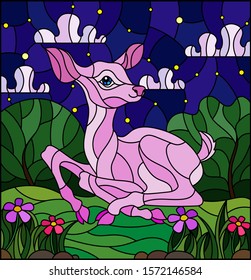 Illustration in stained glass style with a abstract pink  fawn on the background of green meadows, flowers and cloudy night sky