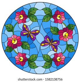 Illustration in stained glass style with abstract curly pink flower and a purple butterfly on blue background , oval image