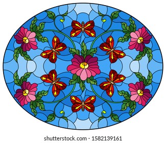 Illustration in stained glass style with abstract curly pink flower and a red butterfly on blue background , oval image