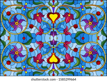 Illustration in stained glass style with abstract  swirls,flowers and leaves  on a blue background,horizontal orientation