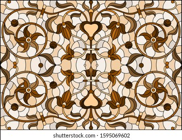 Illustration in stained glass style with abstract flowers, swirls and leaves  on a light background,horizontal orientation, sepia