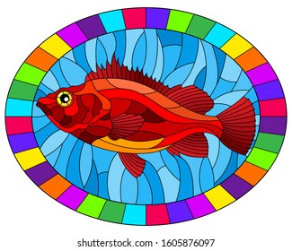 Illustration in stained glass style with abstract red sea bass on blue background, oval image in bright frame