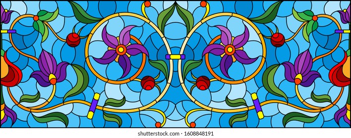 Illustration in stained glass style with abstract  swirls,flowers and leaves  on a blue background,horizontal orientation