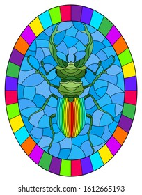 Illustration in stained glass style abstract in rainbow beetle deer on a blue background, the oval image in bright frame