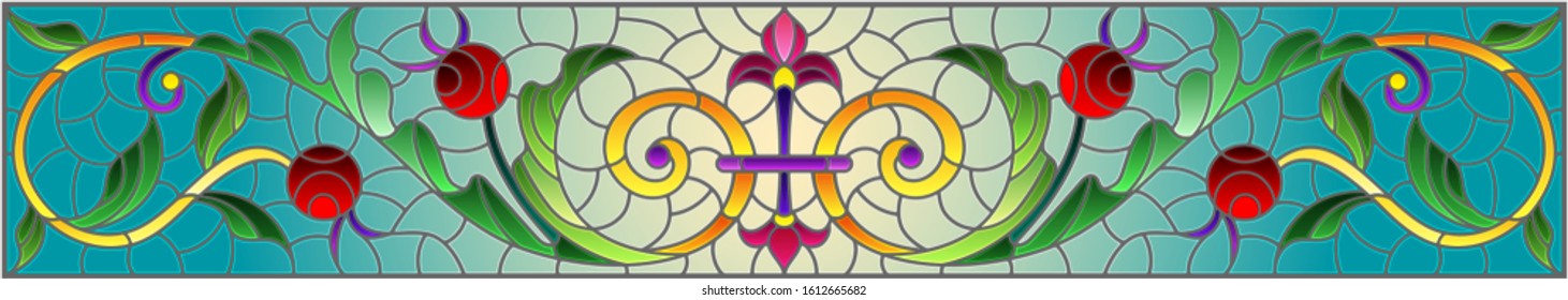 Illustration in stained glass style with abstract  swirls,flowers and leaves  on a blue background,horizontal orientation