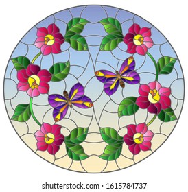 Illustration in stained glass style with abstract curly pink flower and a purple butterfly on blue background , oval image