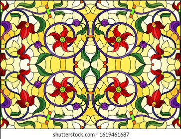 Illustration in stained glass style with abstract  swirls,red flowers and leaves  on a yellow background,horizontal orientation