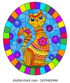 Illustration in stained glass style with abstract cute red cat on a blue background, oval image in bright frame