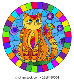 Illustration in stained glass style with abstract cute red cat on a blue background, oval image in bright frame
