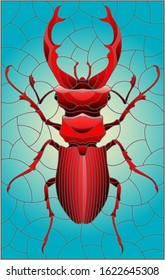 Illustration in stained glass style abstract in red beetle deer on a blue background, the rectangle image