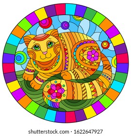 Illustration in stained glass style with abstract cute red cat on a blue background, oval image in bright frame