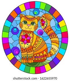 Illustration in stained glass style with abstract cute red cat on a blue background, oval image in bright frame