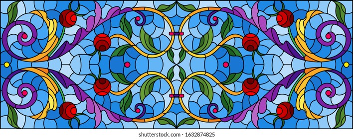 Illustration in stained glass style with abstract  swirls,flowers and leaves  on a blue background,horizontal orientation