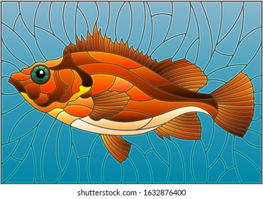 Illustration in stained glass style with abstract red sea bass on blue background