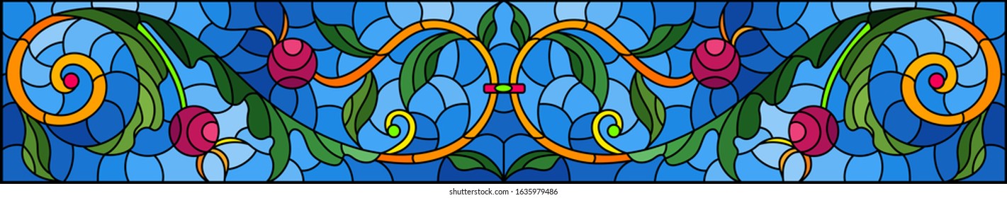 Illustration in stained glass style with abstract  swirls,flowers and leaves  on a blue background,horizontal orientation