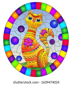 Illustration in stained glass style with abstract cute red cat on a blue background, oval image in bright frame