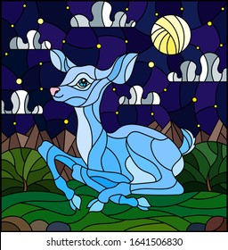 Illustration in stained glass style with a abstract blue  fawn on the background of green meadows,  cloudy night sky and moon