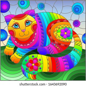 Illustration in stained glass style with abstract cute rainbow cat on a blue background