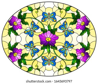 Illustration in stained glass style with abstract curly purple flower and a blue butterfly on yellow background , oval image