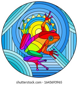 Illustration in stained glass style with abstract rainbow frog on geometric blue background with sun, round image