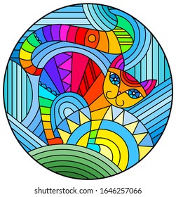 Illustration in stained glass style with abstract geometric cat and the sun on an abstract blue background, oval image