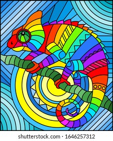 Illustration in stained glass style with abstract geometric rainbow chameleon