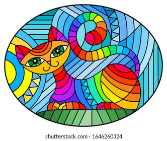 Illustration in stained glass style with abstract geometric cat and the sun on an abstract blue background, oval image