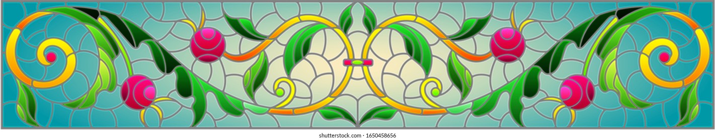 Illustration in stained glass style with abstract  swirls,flowers and leaves  on a blue background,horizontal orientation