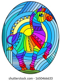 Illustration in stained glass style with abstract geometric rainbow Zebra, oval image