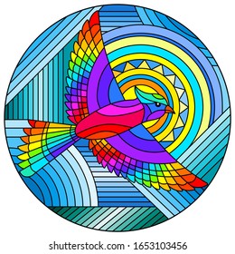 Illustration in stained glass style with abstract geometric rainbow bird  and the sun on blue background, round image