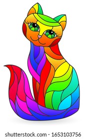 Illustration in stained glass style with an abstract rainbow cat isolated on a white background