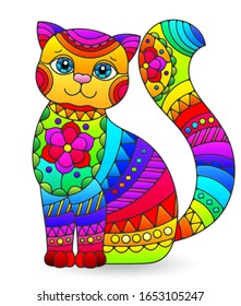 Illustration in stained glass style with an abstract rainbow cat isolated on a white background
