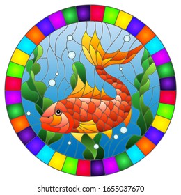 Illustration in stained glass style with an abstract gold fish on the background of water and algae