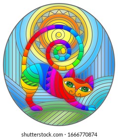 Illustration in stained glass style with abstract geometric cat and the sun on an abstract blue background, oval image