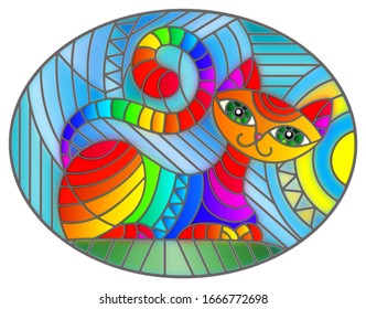 Illustration in stained glass style with abstract geometric cat and the sun on an abstract blue background, oval image