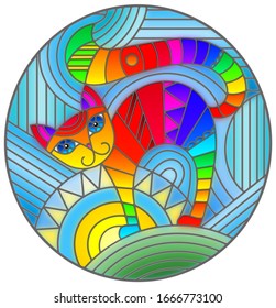 Ilustración en cristal teñido con gatito geométrico abstracto y sol sobre fondo azul abstracto, imagen ovalada