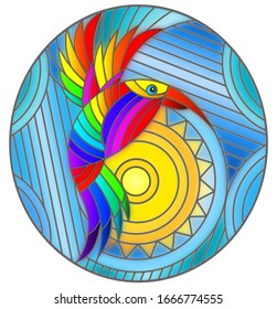 Illustration in stained glass style with abstract geometric rainbow bird, oval image