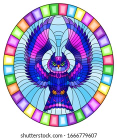 Illustration in stained glass style with abstract  bright blue owl flying on sky background, oval image in bright frame