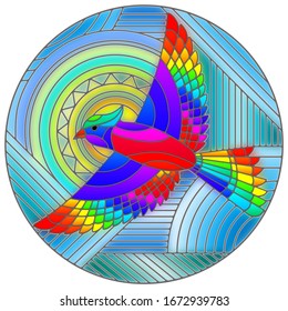 Illustration in stained glass style with abstract geometric rainbow bird  and the sun on blue background, round image