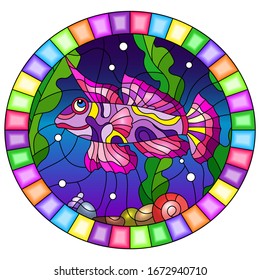 Illustration in stained glass style with abstract pink fish on the background of water and algae, oval image in bright frame