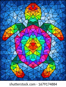 Illustration in stained glass style with an abstract rainbow mosaic turtle on a blue background, rectangular image