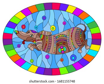 Illustration in stained glass style with abstract rainbow Dachshund dog on blue background,oval image in bright frame