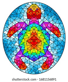Illustration in stained glass style with an abstract rainbow mosaic turtle on a blue background, oval image