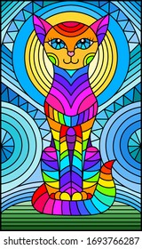 Illustration in stained glass style with abstract geometric cat and the sun on an abstract blue background