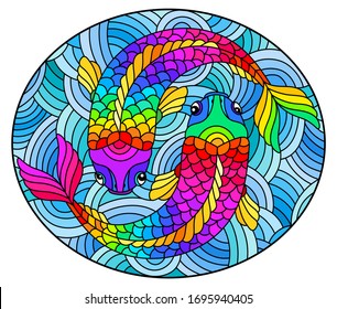 Illustration in stained glass style with abstract bright rainbow fishes on blue background, oval image