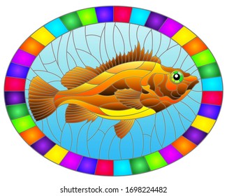 Illustration in stained glass style with abstract red sea bass on blue background, oval image in bright frame