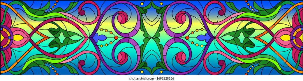 Illustration in stained glass style with abstract  swirls,flowers and leaves  on a blue background,horizontal orientation